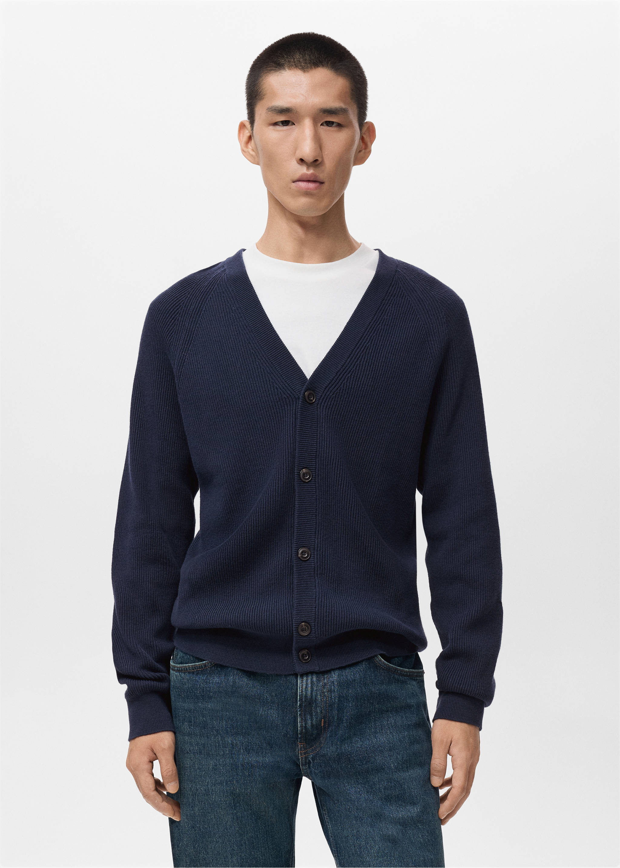 系扣罗纹针织开襟毛衣 - null, 海军蓝. Ref: 17035974-00.