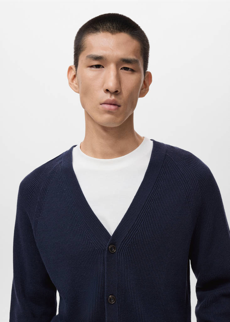 Ribbed knitted cardigan with buttons — Navy