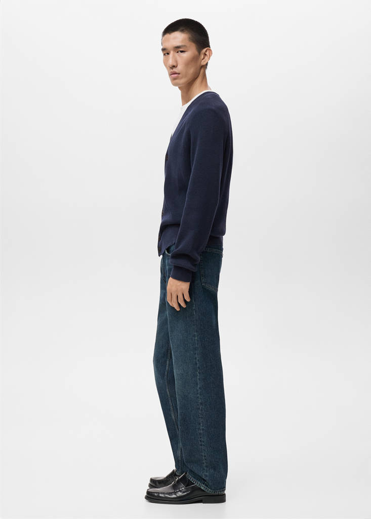 Ribbed knitted cardigan with buttons — Navy