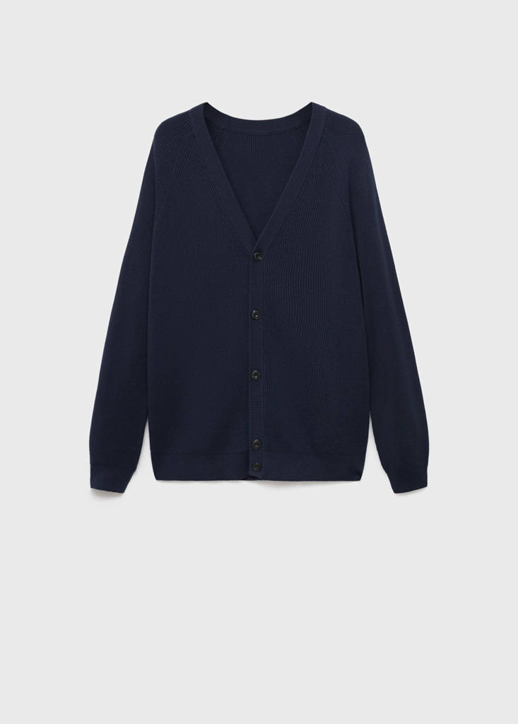 Ribbed knitted cardigan with buttons — Navy
