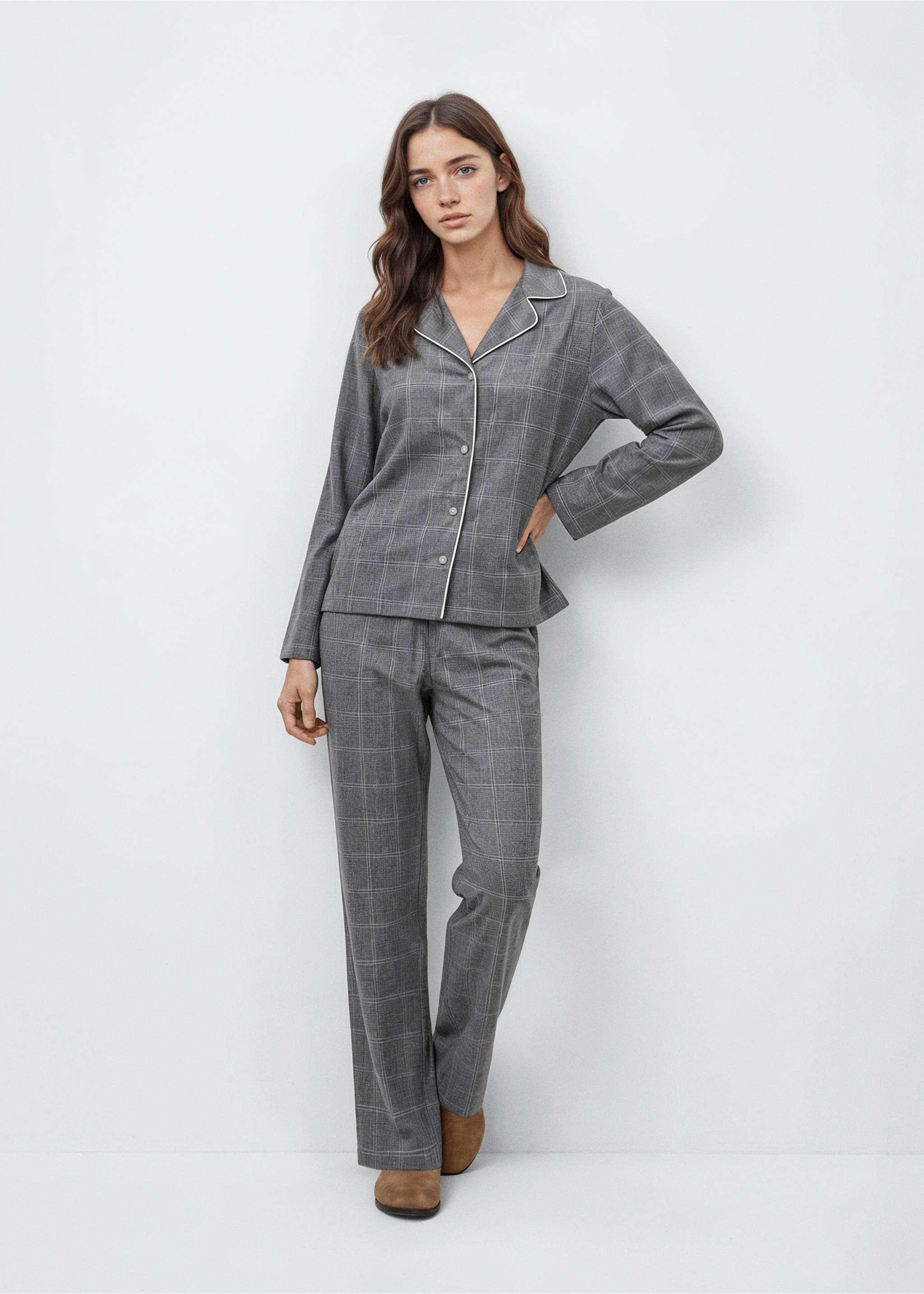 Длинная пижама из двух частей в клетку - Общий план, Меланжевый средний серый . Ref: 17035999-00.