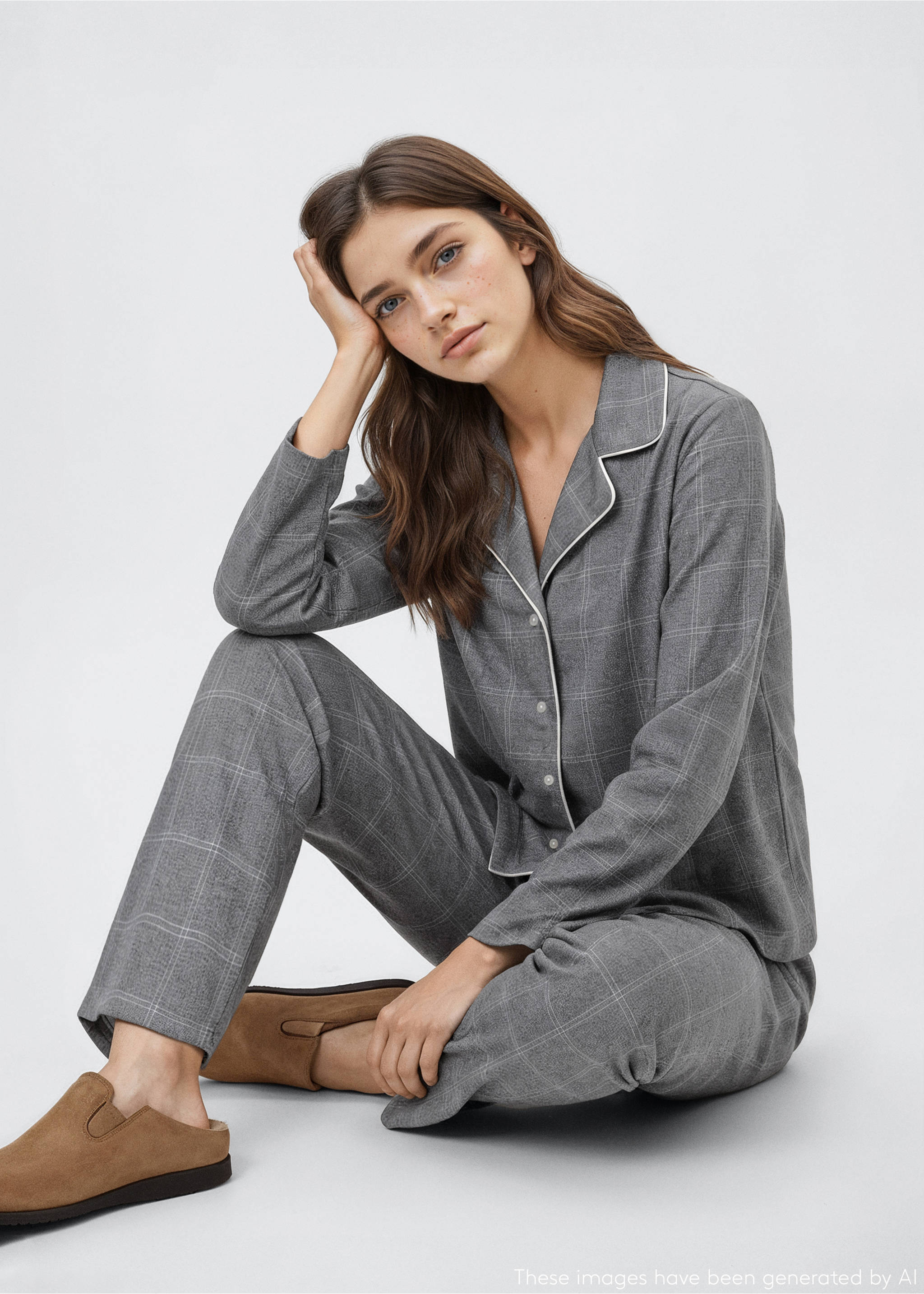 Длинная пижама из двух частей в клетку - Средний план, Меланжевый средний серый . Ref: 17035999-00.
