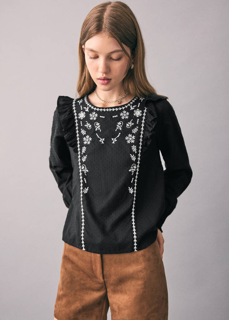 Ruffled embroidered blouse — Black