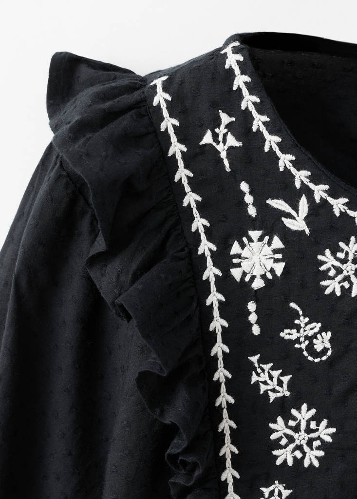 Ruffled embroidered blouse — Black