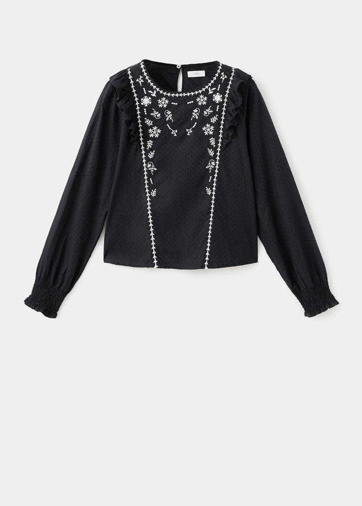 Ruffled embroidered blouse — Black