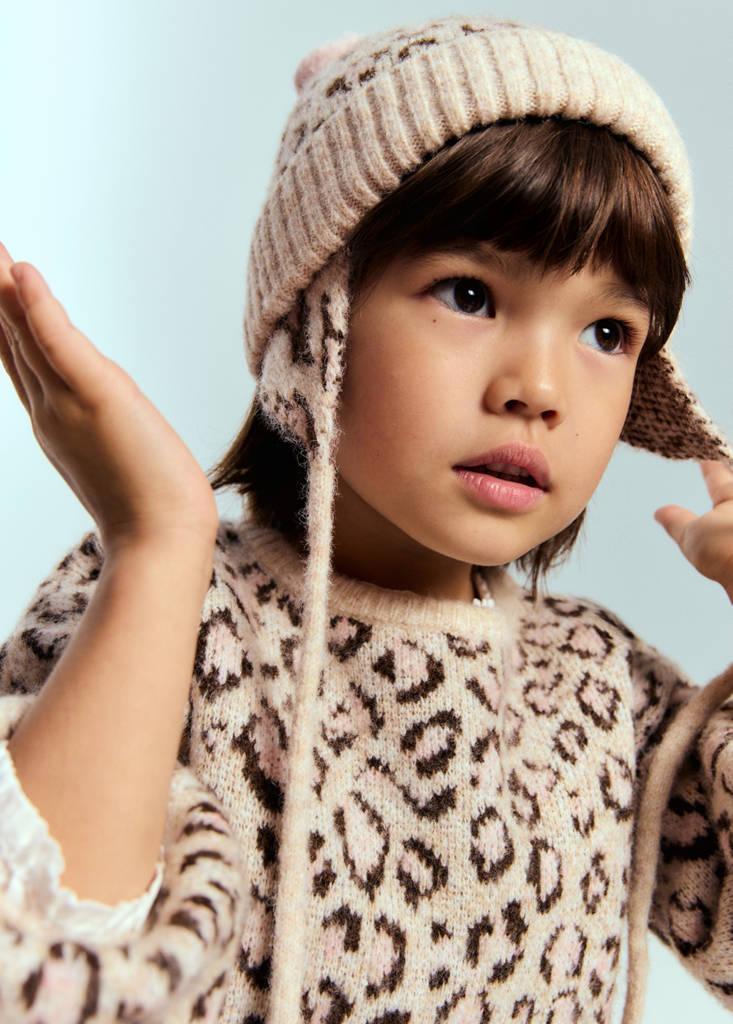 MANGO KIDS - Bonnet léopard pompons sable - 1-3 ans - Bébé fille