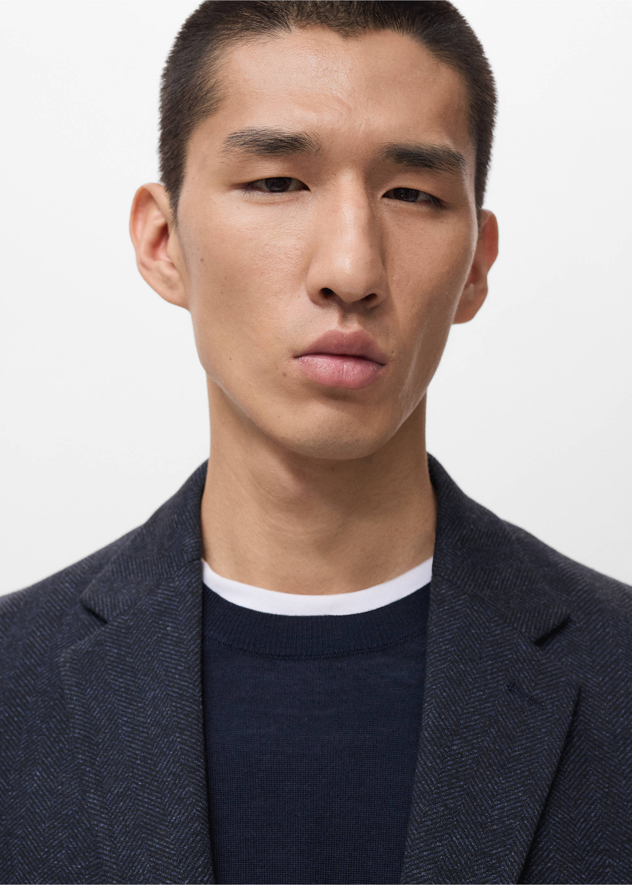 Slim-fit herringbone tailored jacket - Details of the article 1, Navy. Ref: 17036723-00.