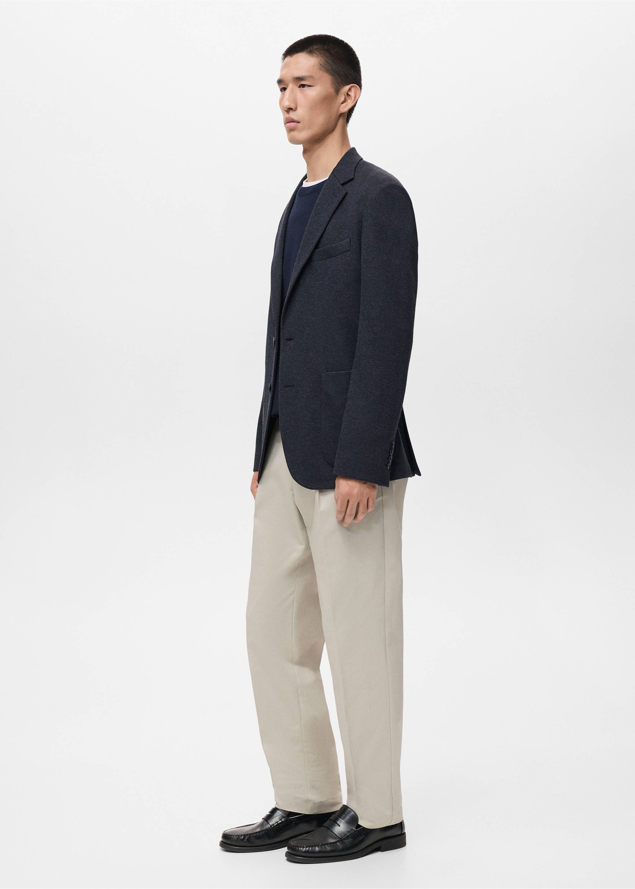 Slim-fit herringbone tailored jacket - Details of the article 2, Navy. Ref: 17036723-00.