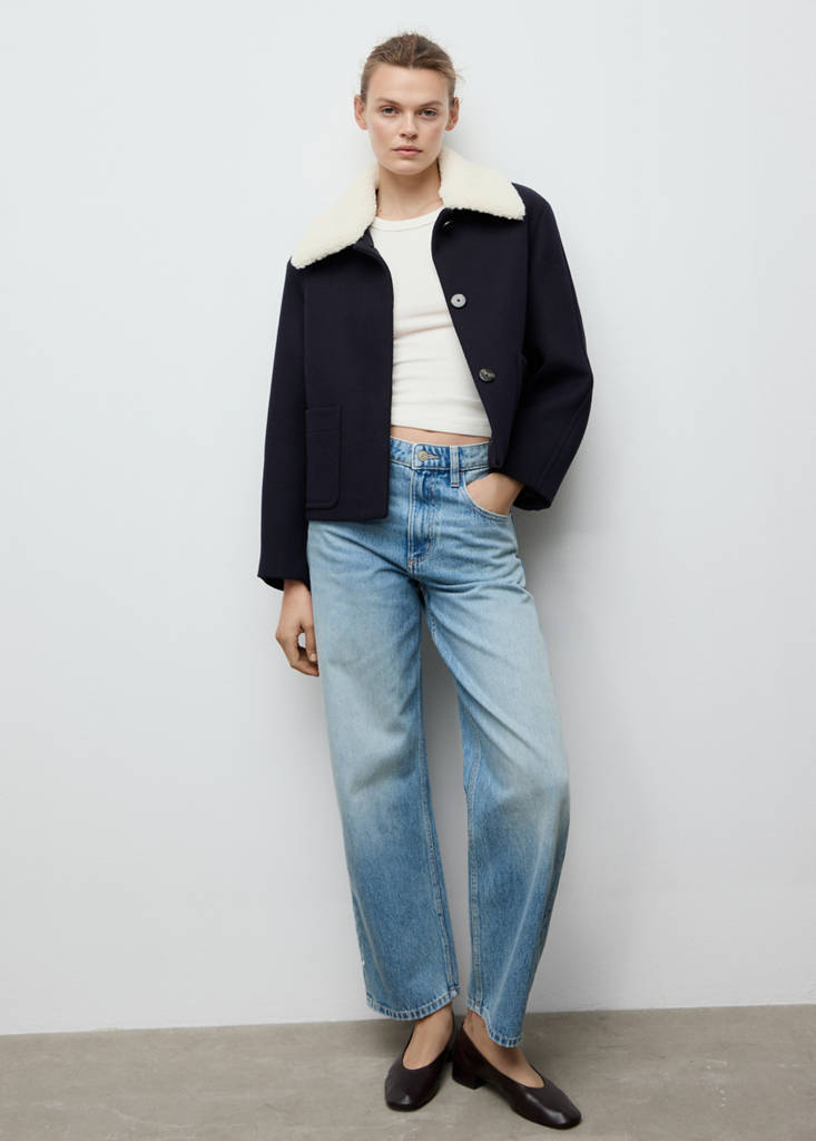 Wool-blend jacket with shearling-blend collar — Navy