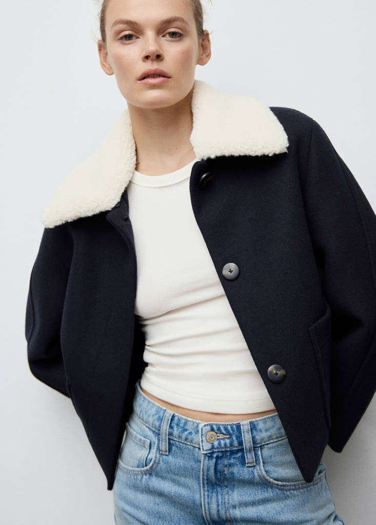Wool-blend jacket with shearling-blend collar — Navy