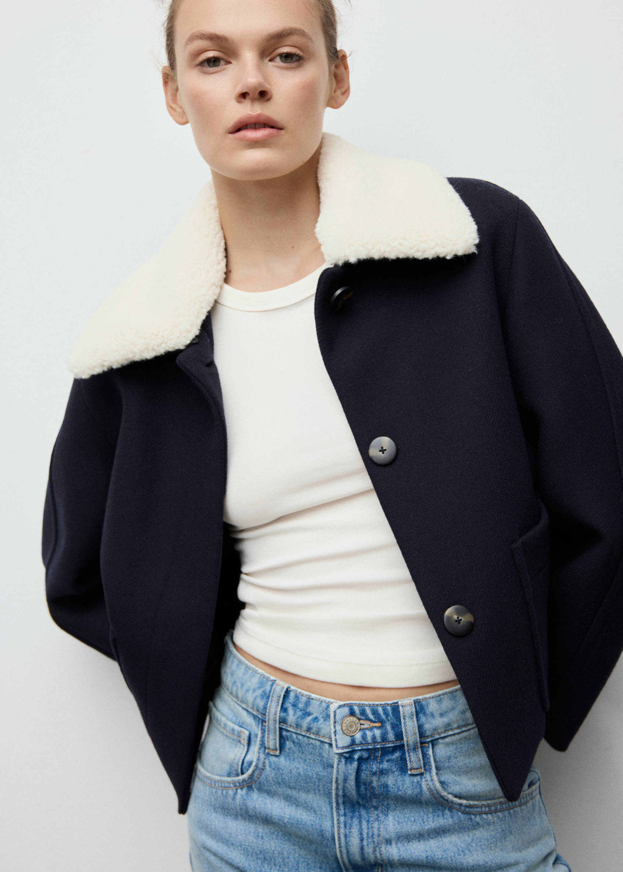 Wool-blend jacket with shearling-blend collar - Medium plane