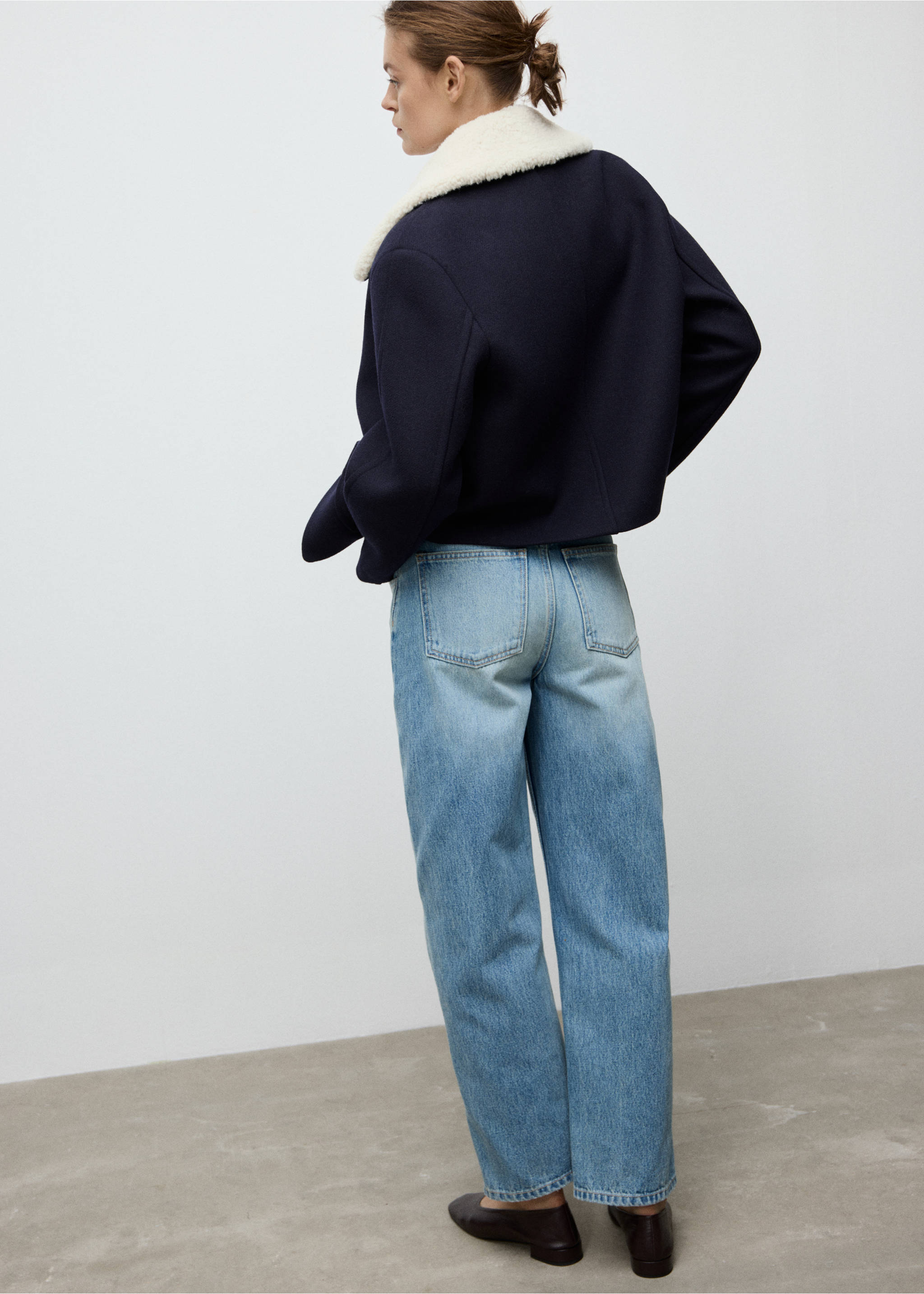 Veste laine mélangée col effet mouton - Verso de l’article, Bleu marine. Ref: 17036736-00.