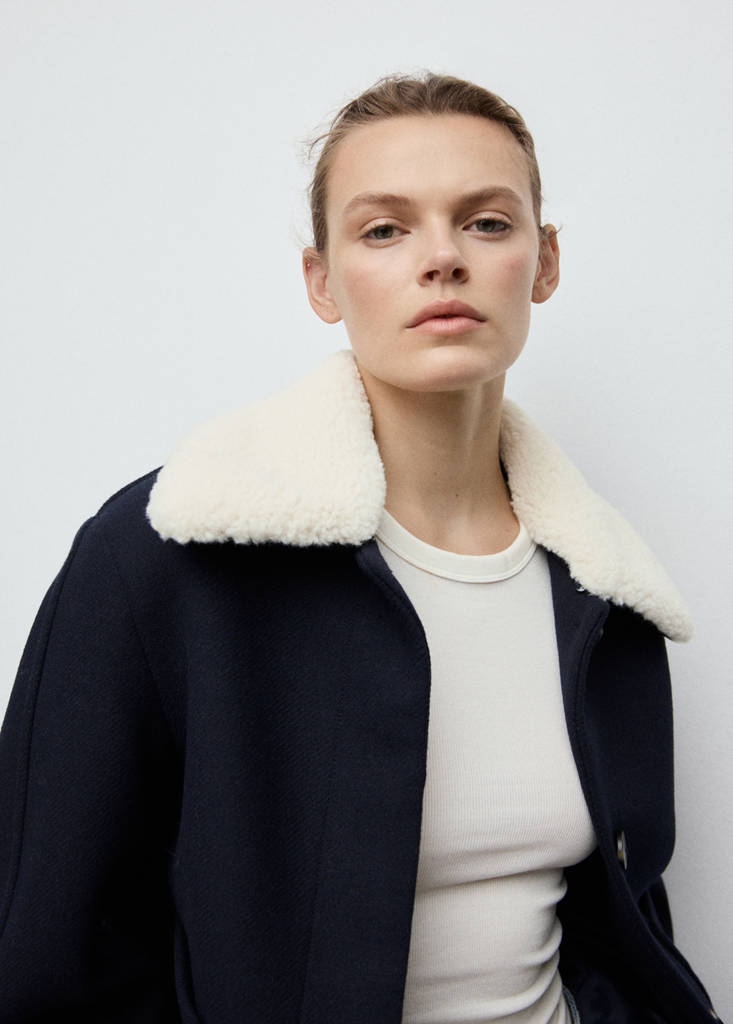 Wool-blend jacket with shearling-blend collar — Navy