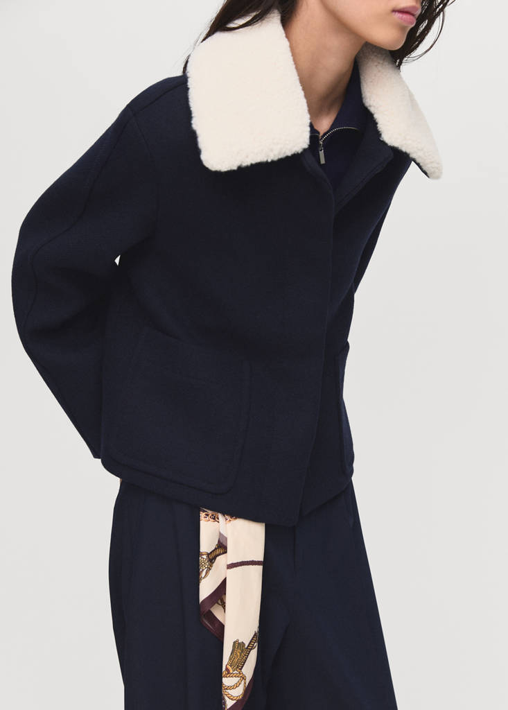 Wool-blend jacket with shearling-blend collar — Navy
