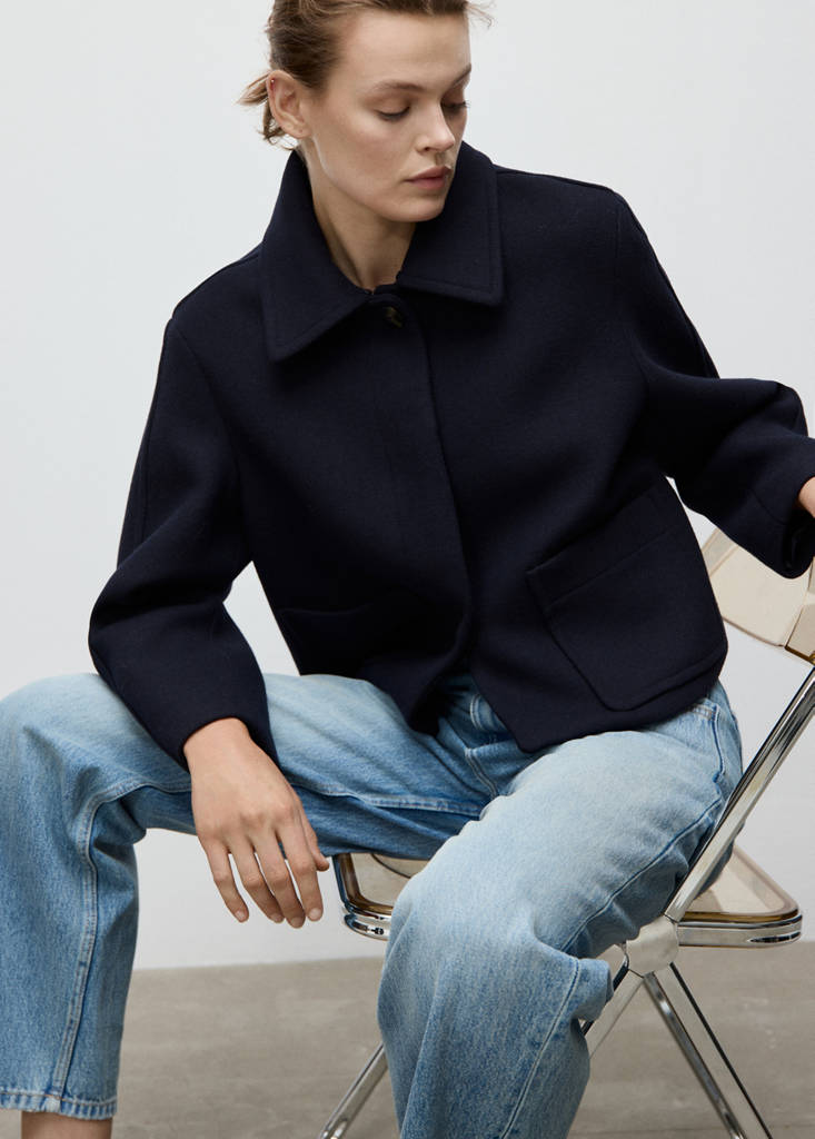 Wool-blend jacket with shearling-blend collar — Navy