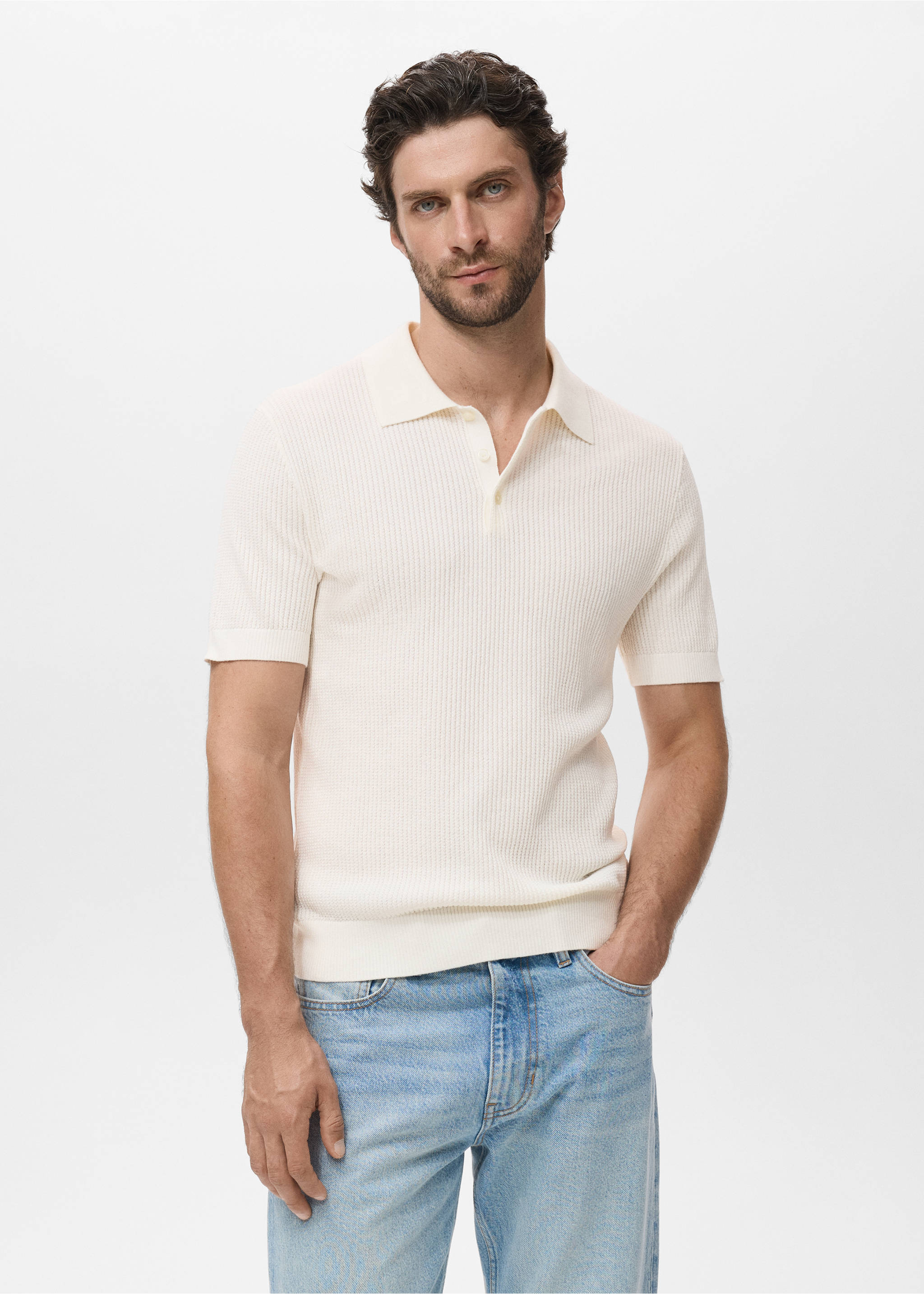 Ribbed knit polo shirt - Medium plane, Off White. Ref: 17037763-00.