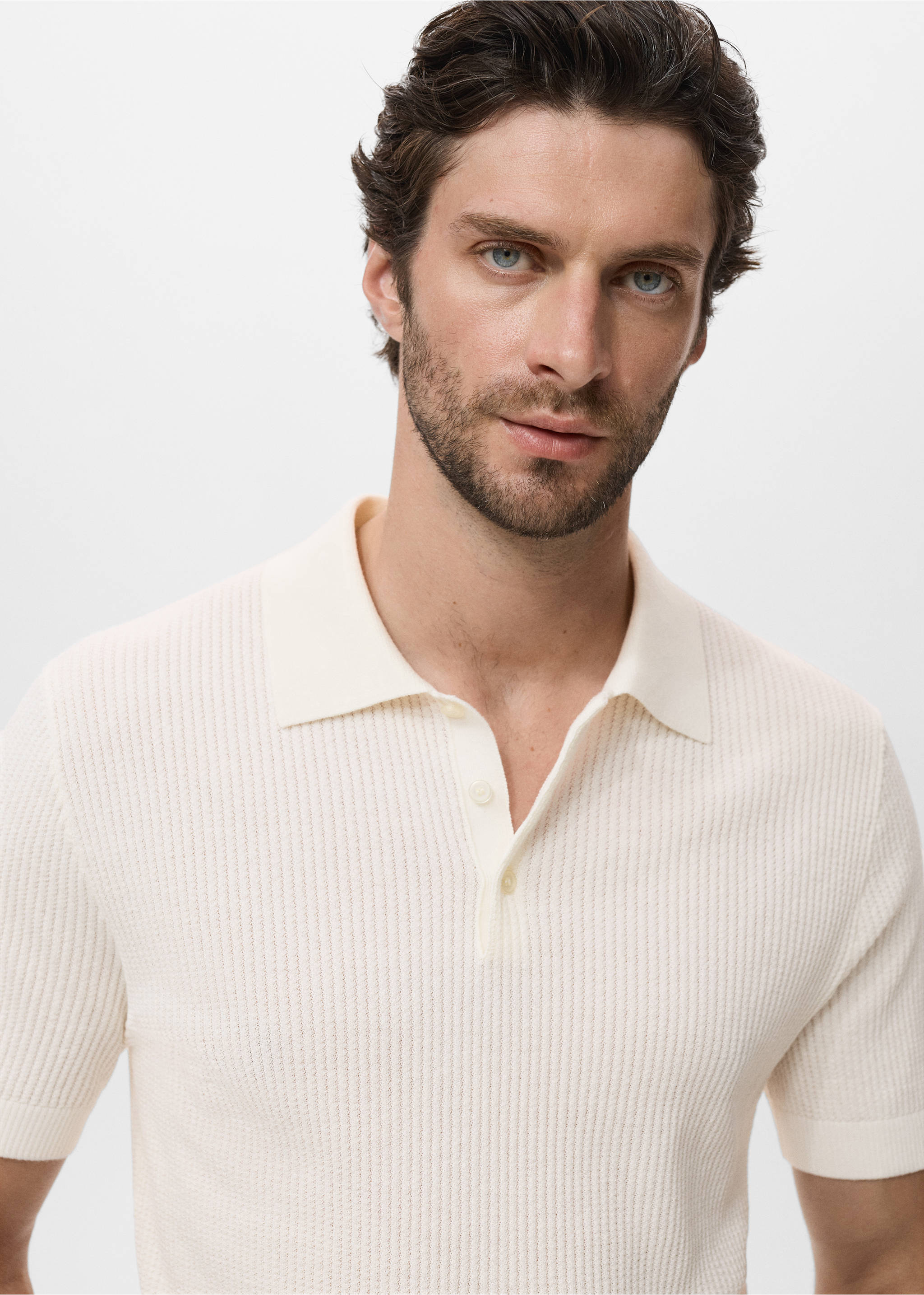 Ribbed knit polo shirt - Details of the article 1, Off White. Ref: 17037763-00.