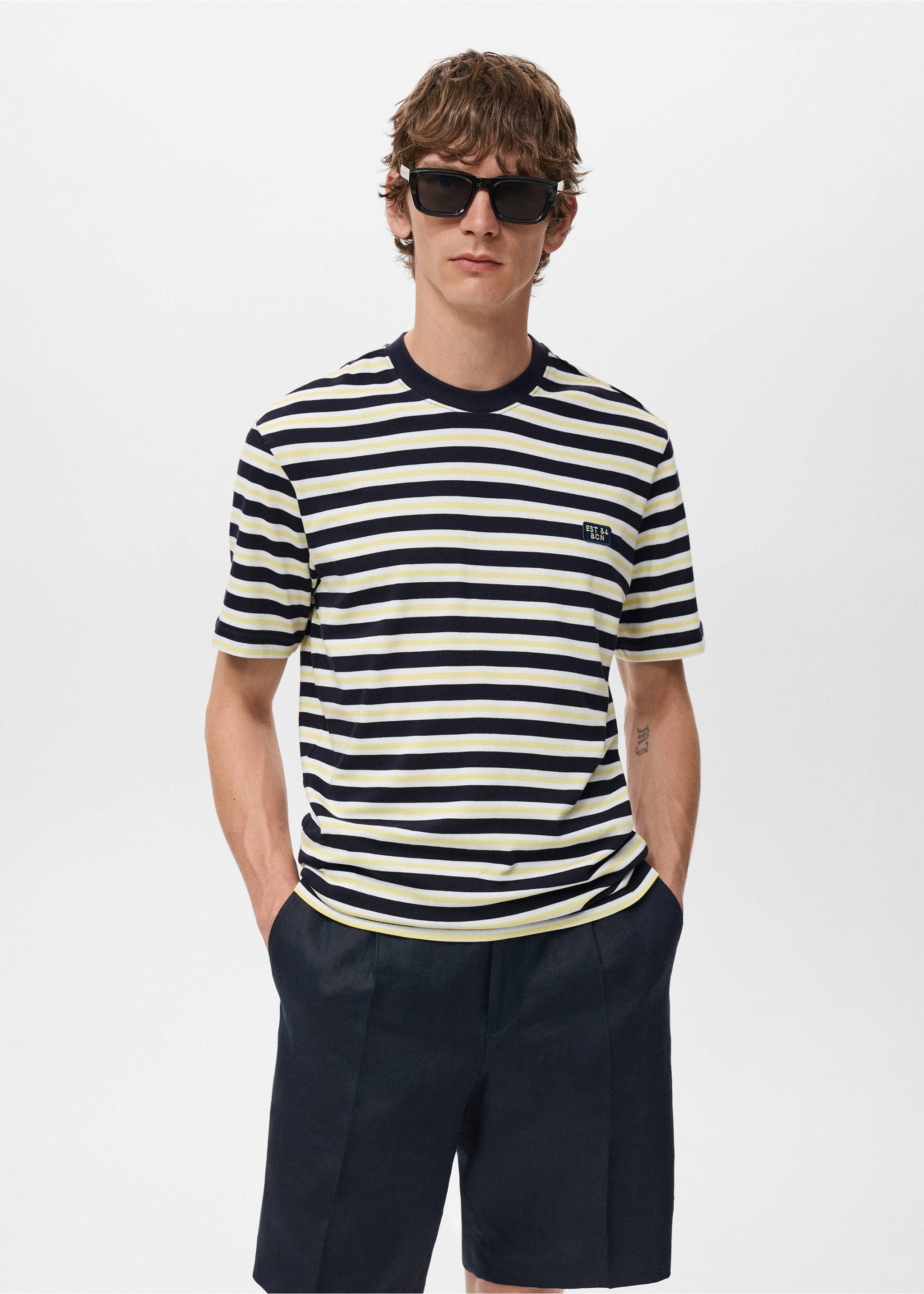T-shirt regular-fit 100 % coton rayures - Plan moyen, Bleu marine. Ref: 17037773-00.