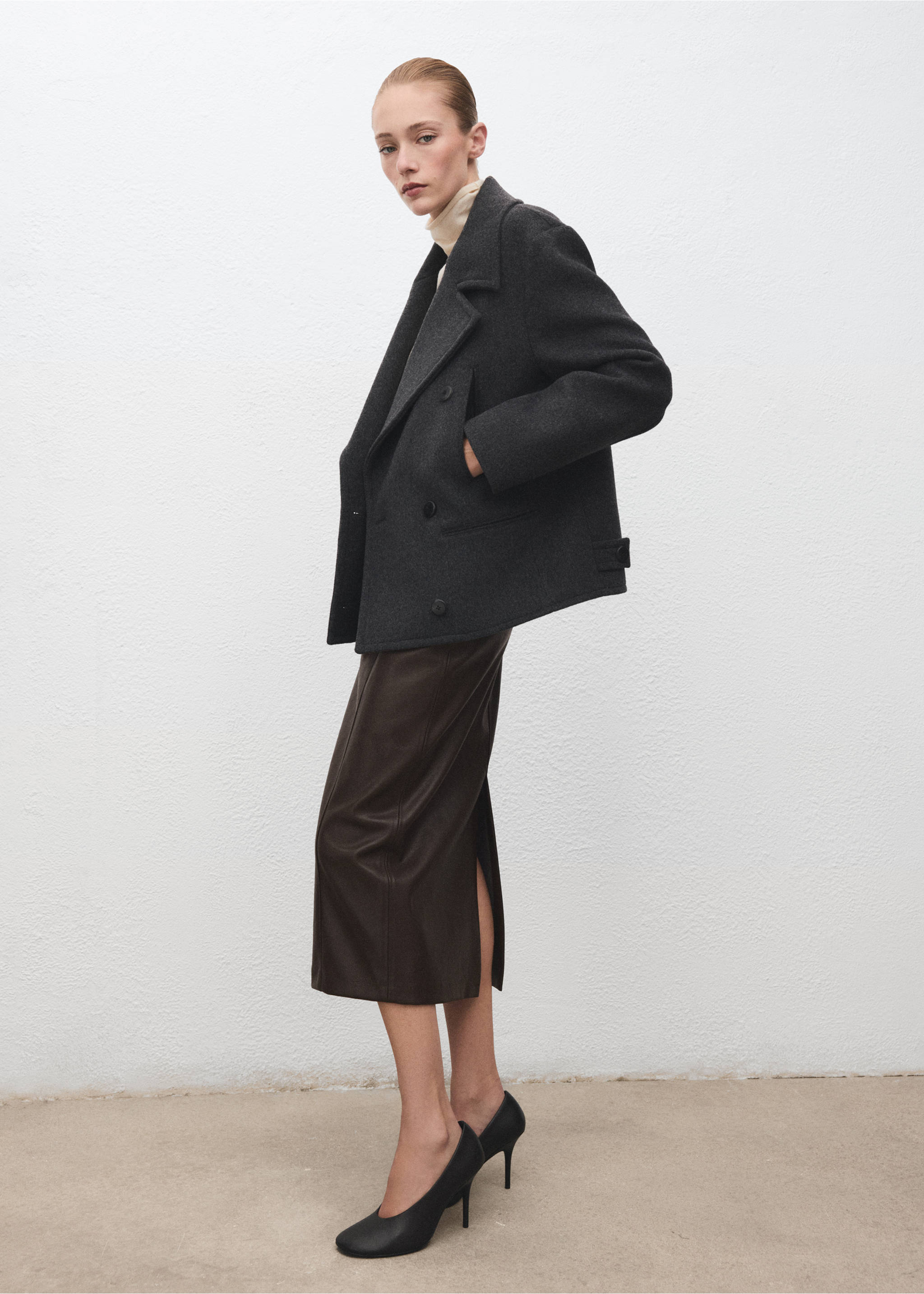 Jupe crayon simili-cuir - Plan général, Chocolat. Ref: 17037779-00.