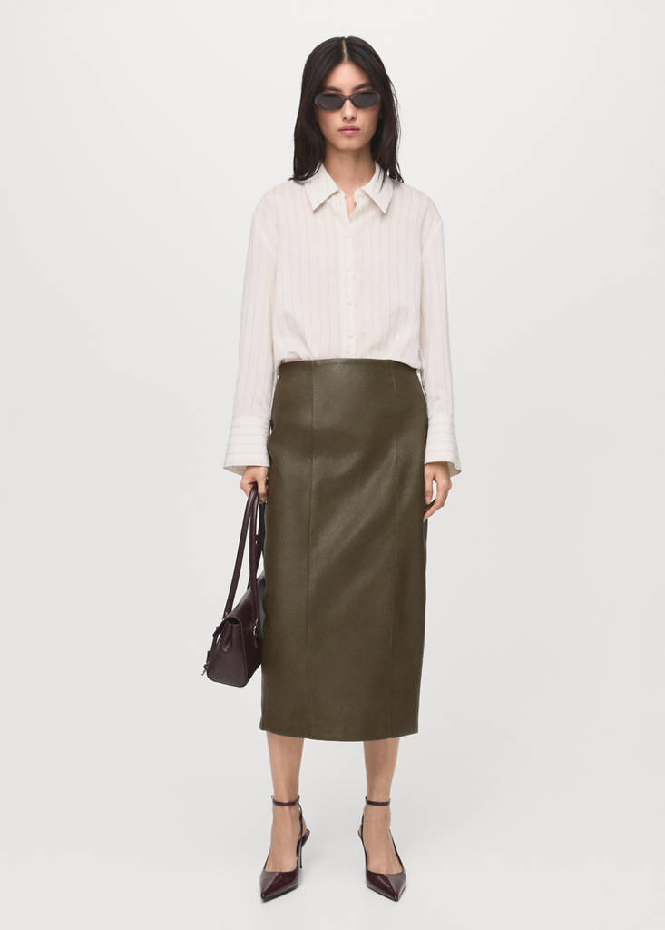 Faux-leather pencil skirt — Khaki