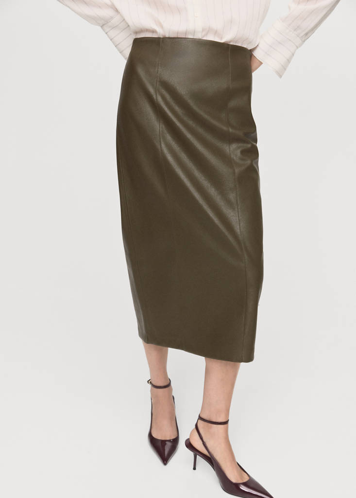 Faux-leather pencil skirt — Khaki