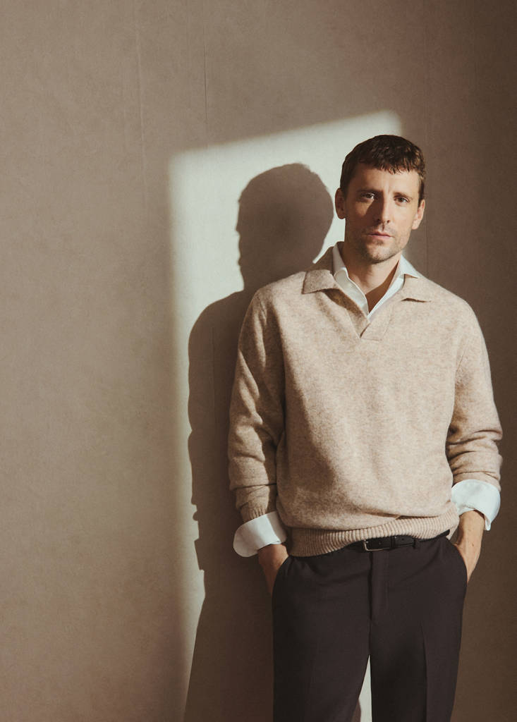 Knitted wool blend polo sweater — Sand