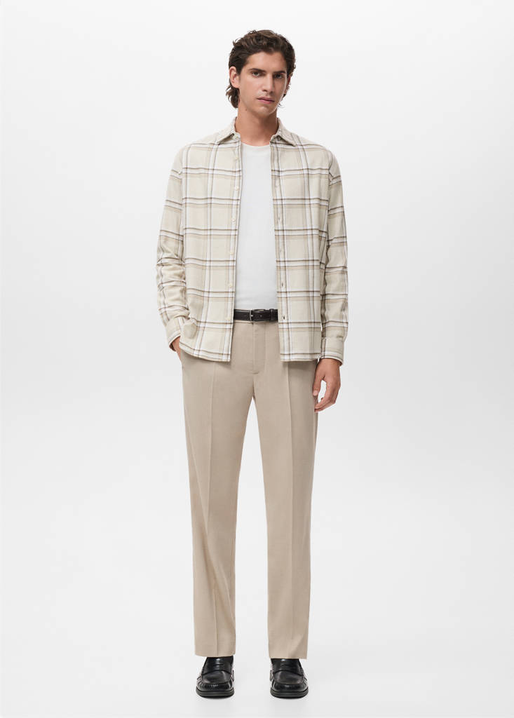 MANGO MAN - Chemise 100 % coton flanelle carreaux écru - S