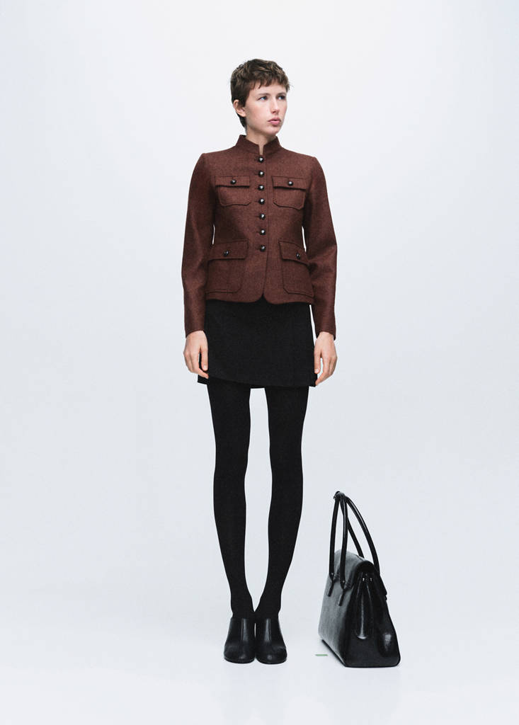 Wool jacket with band collar and pockets — Tobacco Brown