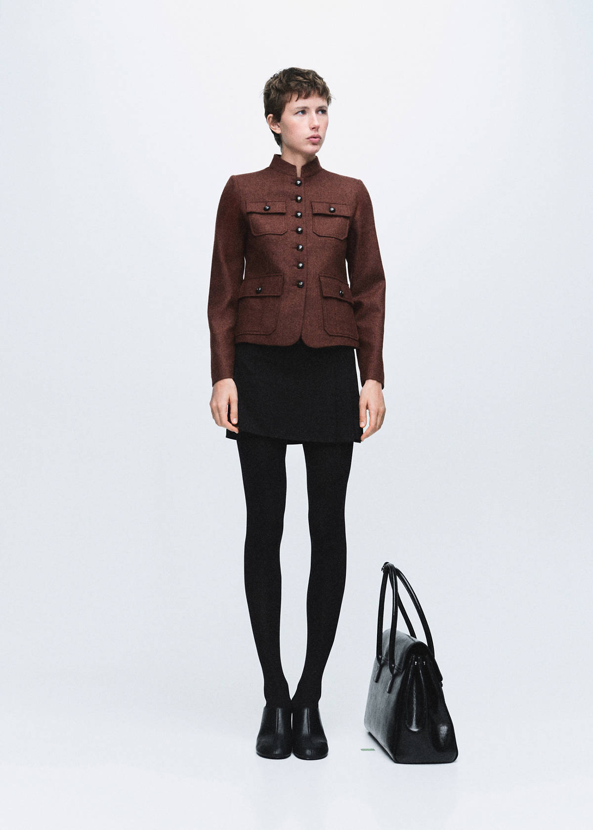Wool jacket with band collar and pockets — Tobacco Brown