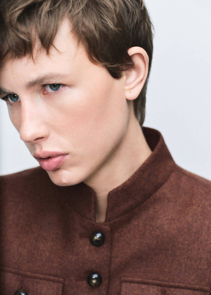 Wool jacket with band collar and pockets — Tobacco Brown