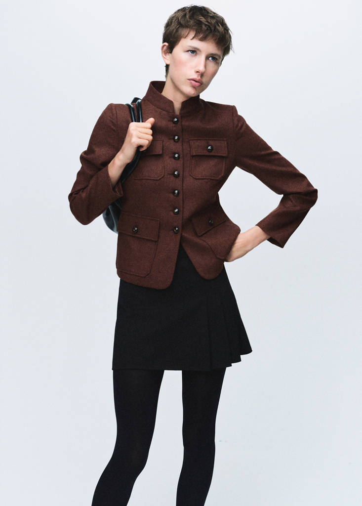 Wool jacket with band collar and pockets — Tobacco Brown