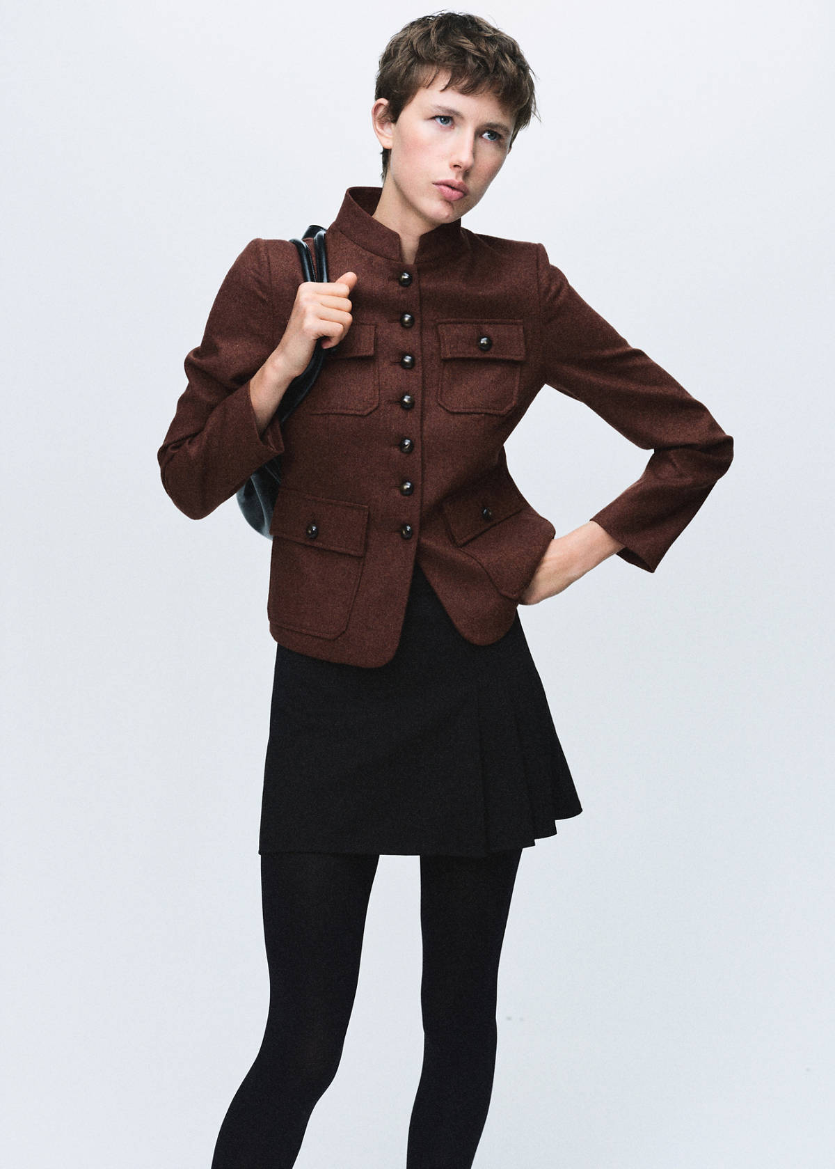 Wool jacket with band collar and pockets — Tobacco Brown