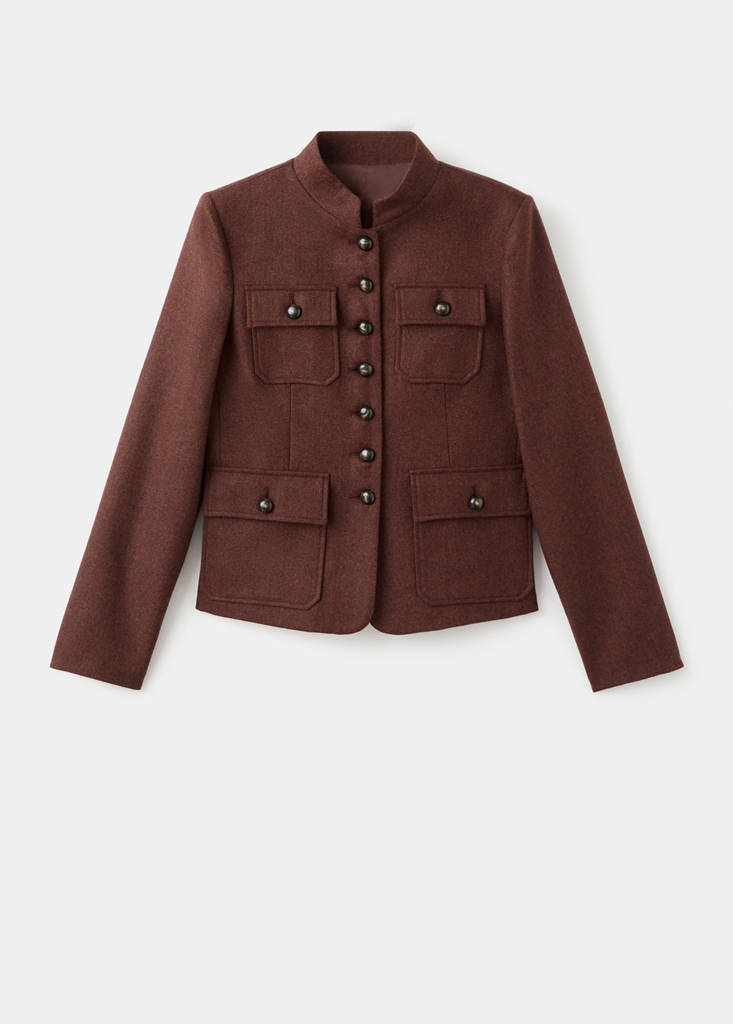 Wool jacket with band collar and pockets — Tobacco Brown