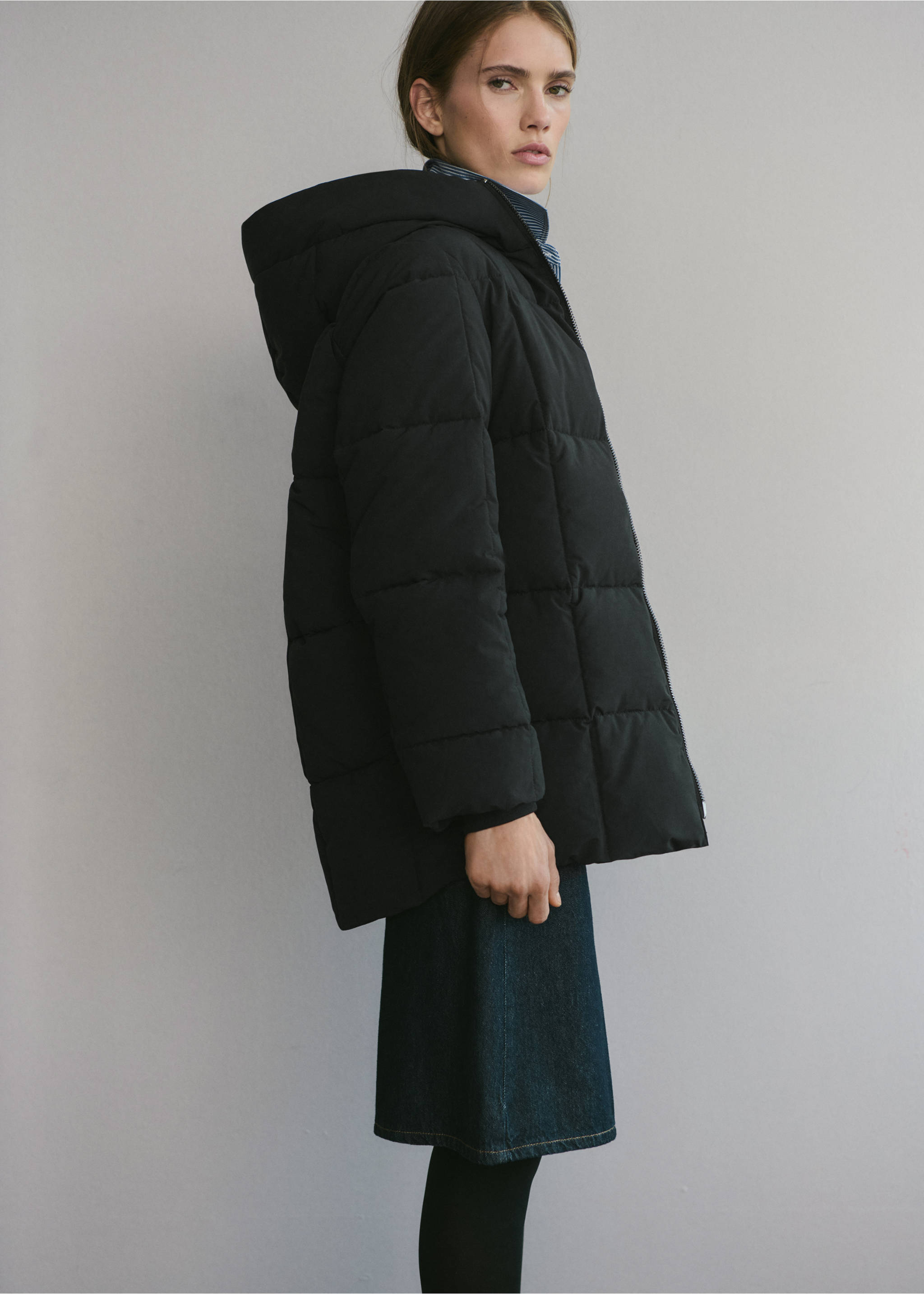 Hood puffer coat - Medium plane, Black. Ref: 17038267-00.
