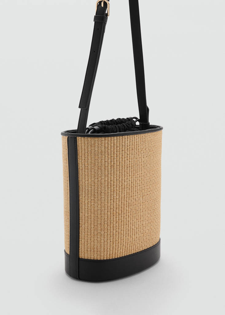 Medium raffia-effect bucket bag — Black