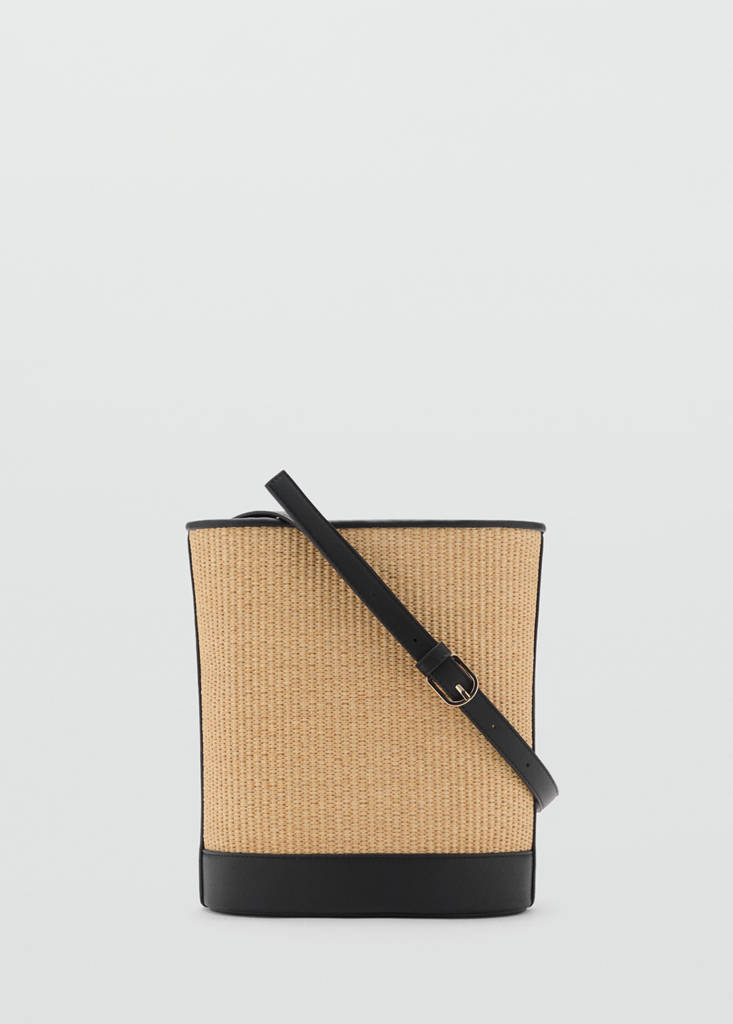 Medium raffia-effect bucket bag — Black