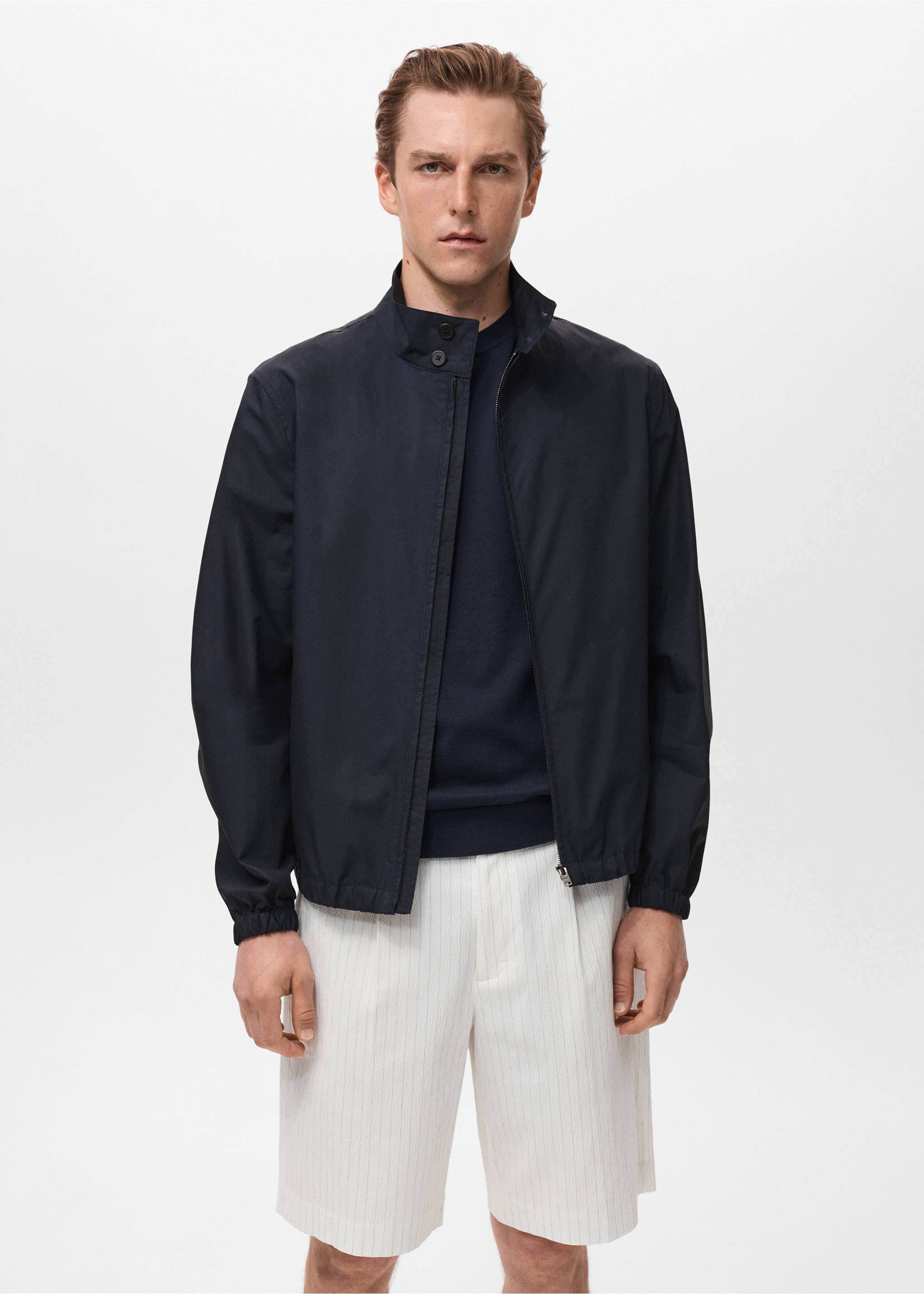 Veste coton col à boutons - Plan moyen, Bleu marine. Ref: 17041134-00.