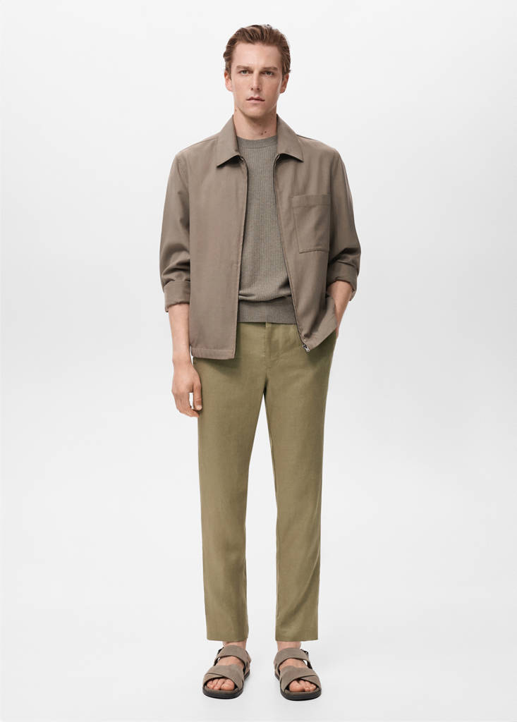 Slim-fit 100% linen trousers — Khaki