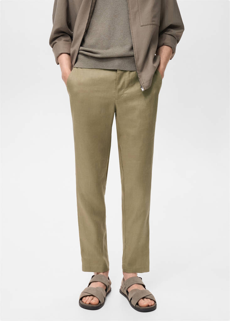 Slim-fit 100% linen trousers — Khaki
