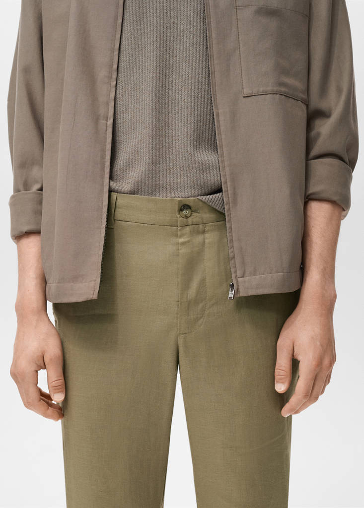 Slim-fit 100% linen trousers — Khaki