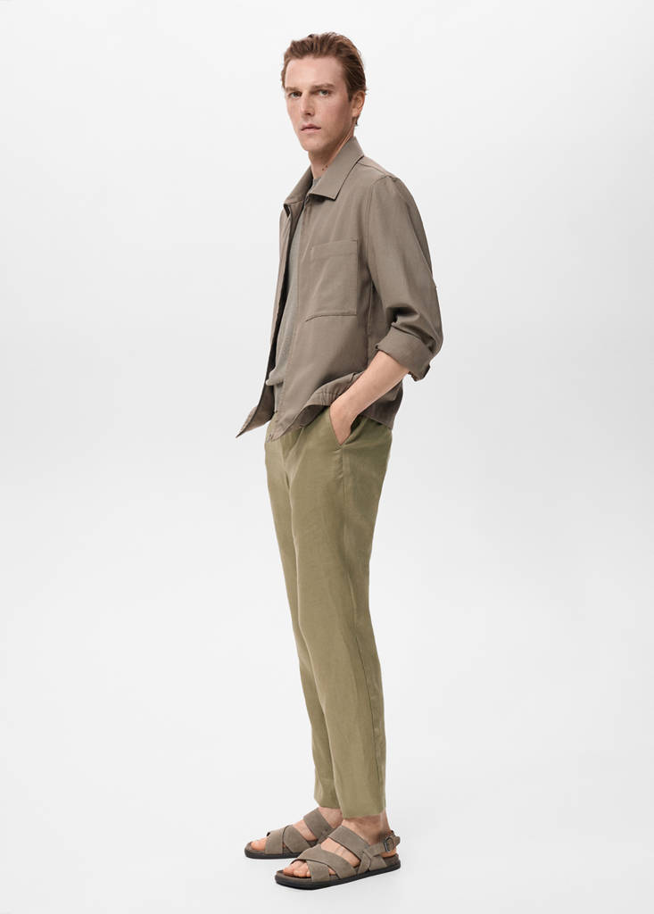 Slim-fit 100% linen trousers — Khaki