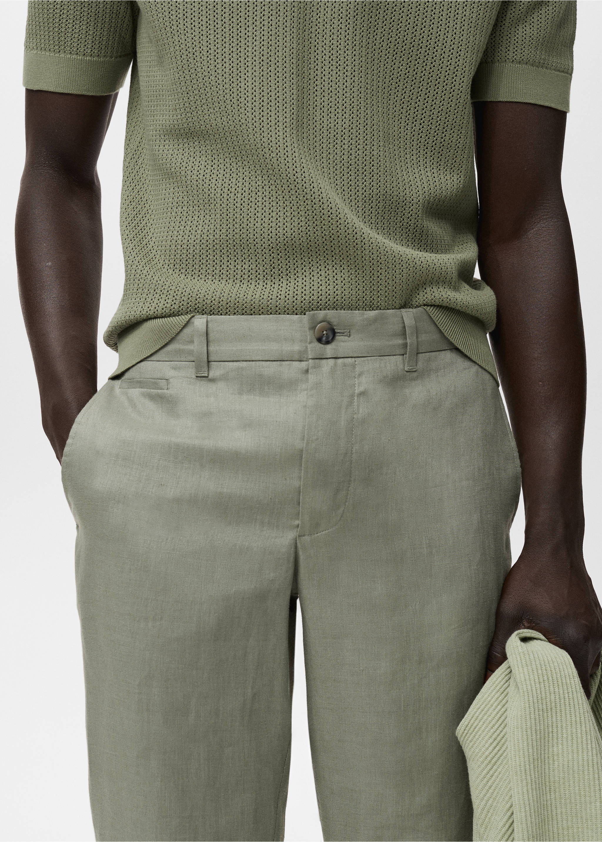 Slim-fit 100% linen trousers - Details of the article 1, Green. Ref: 17041143-00.