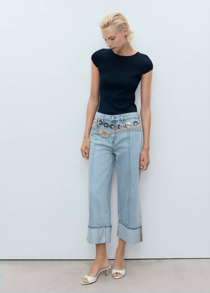 Wide leg cropped jeans with rolled-up hem — Medium Blue