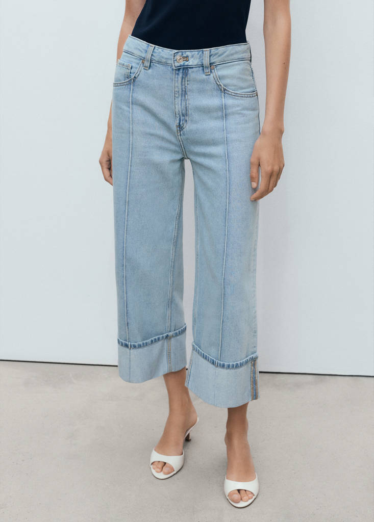 Wide leg cropped jeans with rolled-up hem — Medium Blue