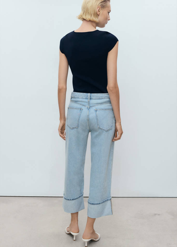 Wide leg cropped jeans with rolled-up hem — Medium Blue