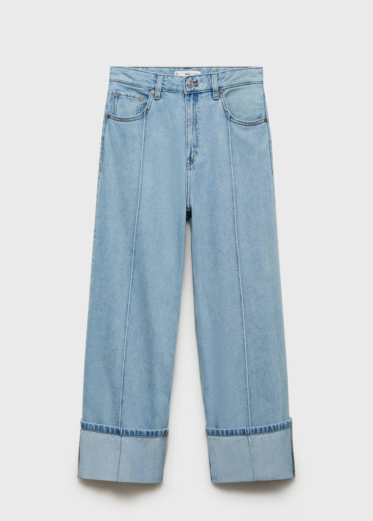 Wide leg cropped jeans with rolled-up hem — Medium Blue