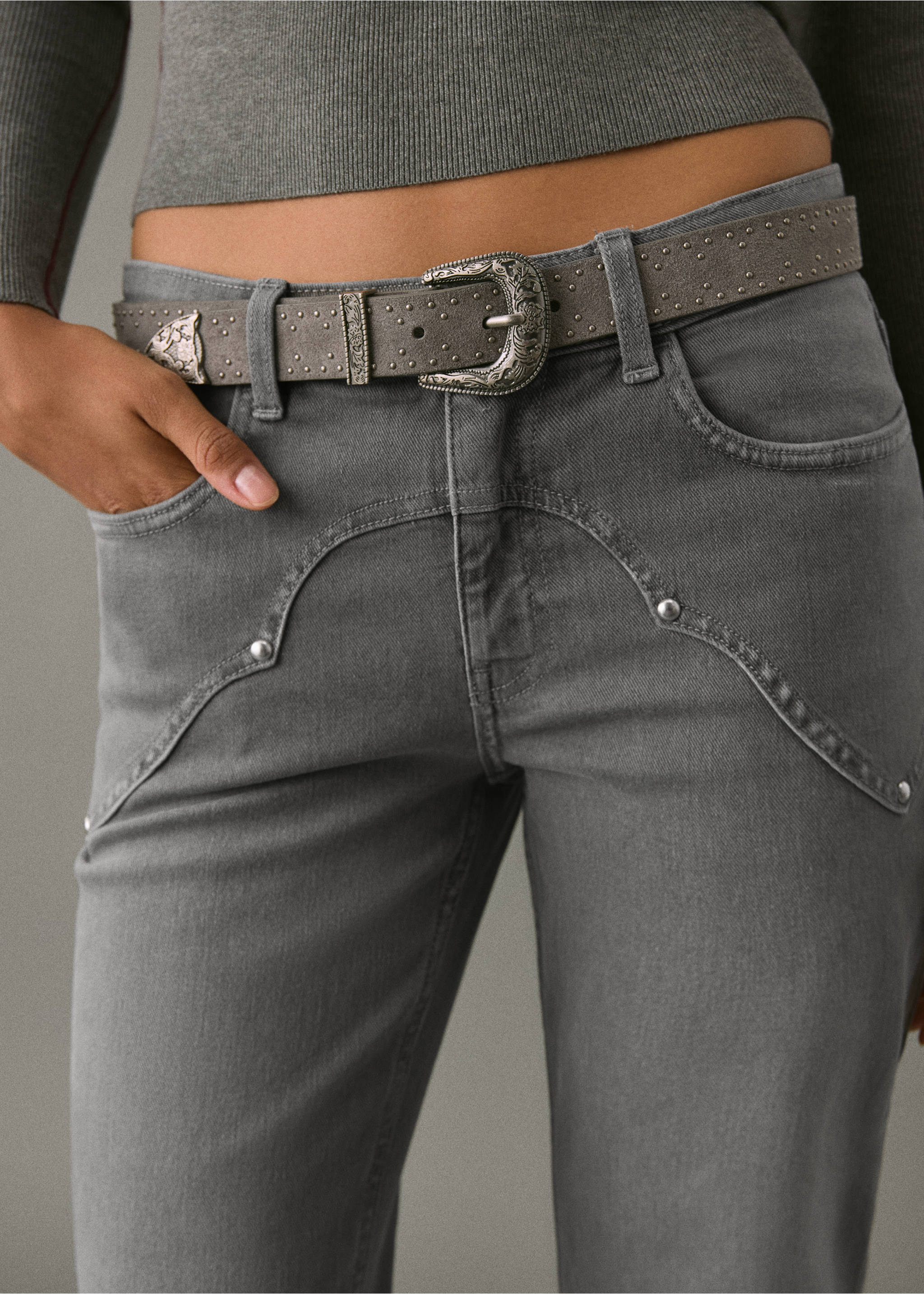 Flared jeans with studs - Details of the article 3, Denim Grey. Ref: 17041182-00.