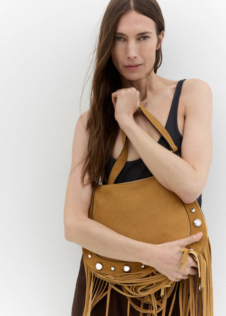 Suede bag with fringes and stud details — Mustard