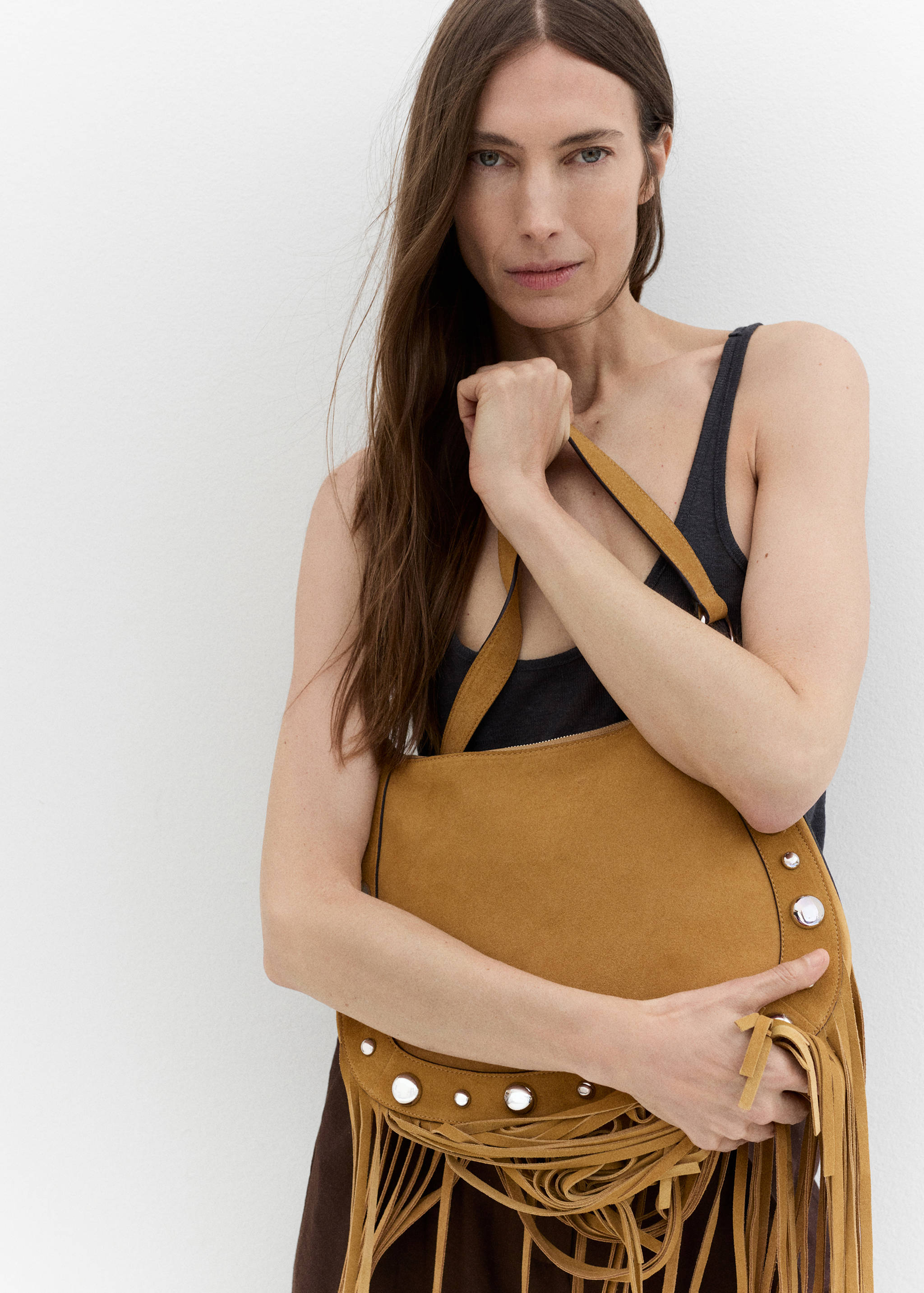 Suede bag with fringes and stud details - General plane
