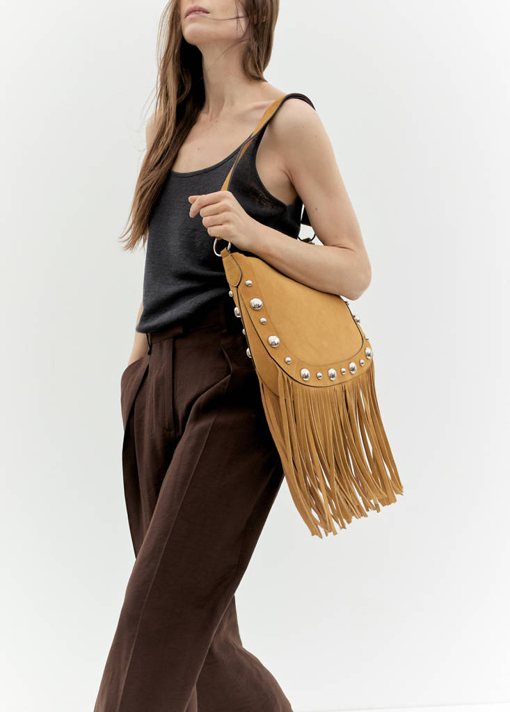 Suede bag with fringes and stud details — Mustard